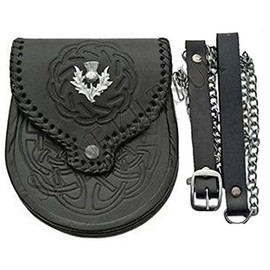 Leather Sporran Double Embossed Scottish Black Leather Kilt Sporran with Belt