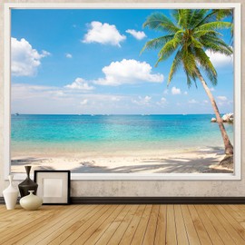 Leeisysme Beach Landscape Tapestry, Tropic Ocean Sea Island Palm Tree Seaside Tapestries for Living Room Summer Window Wall Hanging 60×80 Inch
