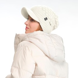 C.C Fuzzy Fleece Lined Warm Oversized Chunky Soft Stretchy Oversized Two Way Ribbed Slouchy Knit Hat with Visor Brim, Ivory - Off White