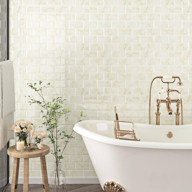 Wallercity Glossy Marble Beige/Yellow Peel and Stick Backsplash for Kitchen