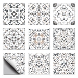 CHGCRAFT 18pcs 9 Styles Retro Bohemian Geometric Pattern Tile Stickers Waterproof Tile Stickers Square with Flower Pattern for Kitchen Bathroom Bedroom Wall Floor Decoration, Floral, 6X 6inch