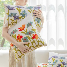 Urban Funk Collective - Pack of 2 Embroidered Decorative Throw Pillow Cover 18x18 Inch Farmhouse Floral Pillowcase for Living Room Sofa Bed (Purple Blue)