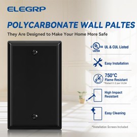 ELEGRP 1-Gang Blank Device Wall Plates, Standard Size 4.5" H x 2.75" L Unbreakable Thermoplastic Blank Faceplate Cover for Unused Outlets/Switches, UL Listed (2 Pack, Glossy Black)