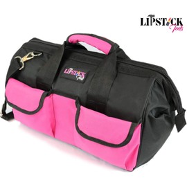 LipStick Tools 18-Inch Multi-Purpose Zip-Top Pink Storage Wide Mouth Tool Bag Organizer. Great for Home Improvement/Contractors Tools. Heavy Duty Storage Pockets and Shoulder Strap.