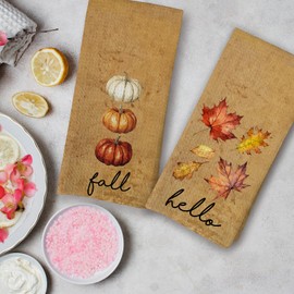 VRW Vintage Fall Pumpkin Kitchen Dish Towels, Rustic Autumn Leaf Pumpkin Hand Tea Towels for Kitchen Bathroom Decorations, Cottagecore Autumn Towels Gifts for Women Men, 16x24 Inches Set of 2