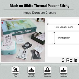 Memoking T02/M02X/M02L White Thermal Paper-2-Year Sticky 50mmx3.5m for Journal Photo Texts Study Notes and More, 3 Rolls