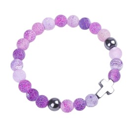 SCRDPRAD Christian Religious Cross Natural Colorful 8mm Stone Beaded Adjustable Stretch Elastic Bracelet Easter Friendship Couple Catholic Inspirational Jewelry for Women Men-purple