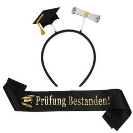 Bestandene Prüfung Schärpe,Prüfung Bestanden Abschluss Hut,Schwarzes Gold Abschluss Deko 2025,Abitur Graduation Hat für Abschlussfeier,Prüfung Bestanden Haarband Girlande,2025 Graduation Party Deko