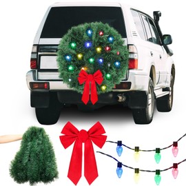 Solsew Christmas Large DIY LED Car Wreath Christmas Car Decorations Artificial Christmas Wreath for Car Front Grill Lighted Christmas Wreath with Red Bow Truck Decoration Compatible with Jeep(164 Ft)