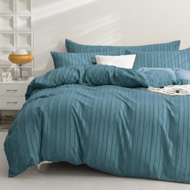 JELLYMONI Grayish Blue Duvet Cover King Size - 3PCS Microfiber Tufted Duvet Cover Set, Boho Striped Tufted Textured Duvet Cover with Corner Ties & Zipper Closure