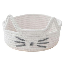 Small Woven Rope Storage Basket,Cute Cat Mini Cotton Rope Storage Basket,Decorative Basket Organizer Storage Baskets for Organizing Toy,Decor, Shelves, Closet (white)