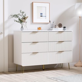 ChicFurnit 6 Drawer Dresser, Wooden Sideboard Cabinet with Fluted Panel Design, Chests of Drawers with Golden Metal Handle, 43" Dresser for Bedroom Living Room Hallway White
