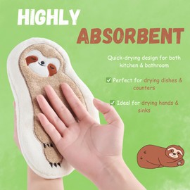 COLOR ME PRAISE Sloth Hand Towels Set of 3 – Cute Absorbent Coral Fleece Towels for Kitchen & Bathroom – Funny Animal Dish Towels, Soft Microfiber Gift for Women with Hooks