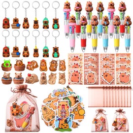 Nosiny 106 Pcs Capybara Party Favors Birthday Decorations Include Capybara 4 in 1 Ballpoint Pens Keychain Sticky Note Resin Figurines Stickers Organza Bags for Goodies Bags Stuff Classroom Rewards