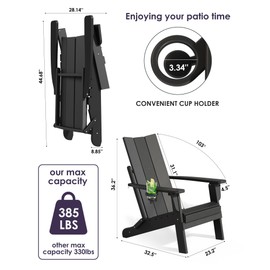 Adiromoti Folding Adirondack Chairs, All-Weather Resistant HDPE Patio Firepit Chairs, Sturdy Outside Chairs with Cup Holder, Pre-Installed Lawn Chairs Load Capacity 385lb for Backyard, Black