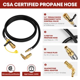 GasXpert 7 Feet Quick Connect Propane Hose for RV to Grill, Propane Hose Adapter with 1/4" Shutoff Valve and 1/4" Male Full Flow Plug, LP RV Hose with Elbow Adapter for 17" and 22" Blackstone Griddle