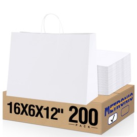 METRONIC Paper Gift Bags 16x6x12'' 200Pcs White Paper Bags with Handles Bulk, Large Kraft Paper Bags for Small Business, Birthday Wedding Party Favor Bags, Christmas Gift bags