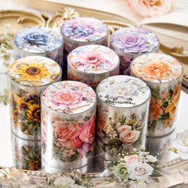 NEDIE 8 Rolls Floral Tape Set Flower PET Tape Stickers Sunflower Rose Hydrangea Butterfly Decorative Masking Tape Vintage Washi Tapes Pet Tape Decorative Tape for Crafts Journaling Scrapbook Supplies