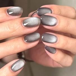 Short Press on Nails Cat Eye Oval Fake Nails Press ons Grey Full Cover Acrylic Nails Glitter Design Glue on Nails Glossy False Nails Artificial Stick on Nails for Women 24Pcs
