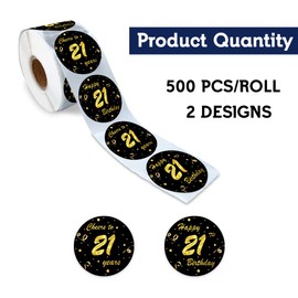 REWIDPARTY Black Gold 21st Birthday Stickers Rolls Cheers to 21 Years Stickers Happy 21st Birthday Stickers Birthday Party Favors Anniversary Party Decorations Adhesive Party Stickers(500 Per Roll)