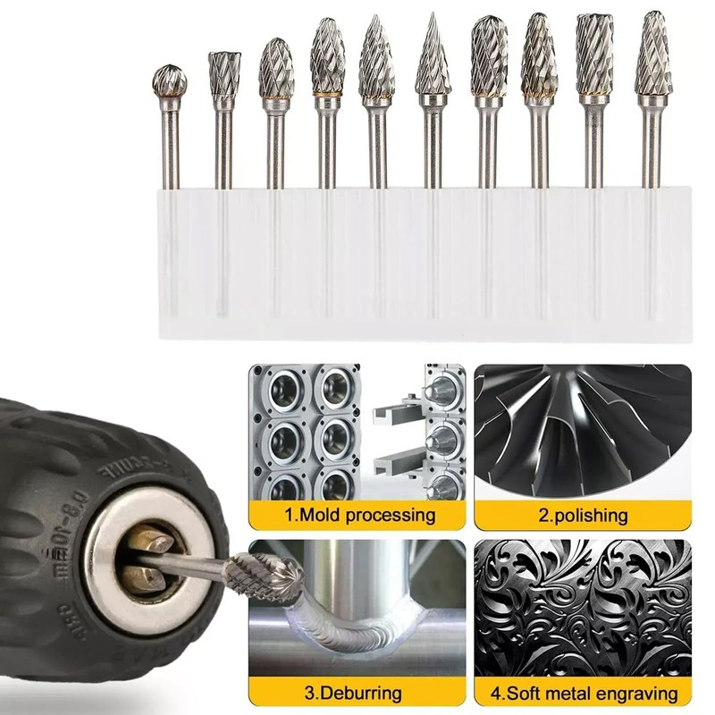 10 Pieces Carbide Burr Set, 1/8 Inch Shank Tungsten Carbide