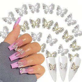 20Pcs Shiny Alloy Butterfly Nail Charms Crystal Butterfly Nail Rhinestones 3D Nail Charms for Acrylic Nails Gold Silver Butterflies Nail Gems Nail Jewels for Women Girls Nails DIY Manicure Decoration