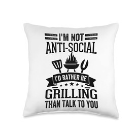 Funny Barbecue - Daddy Grill Master - Meat Lover I'm Not Anti-Social I'd Rather Be Grilling Than Talk to You Throw Pillow, 16x16, Multicolor