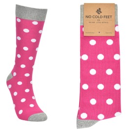 No Cold Feet Men’s Dress Socks, Fun Colorful Patterned, Mid-Calf, Cotton Blend, Fuchsia with White Polka Dots