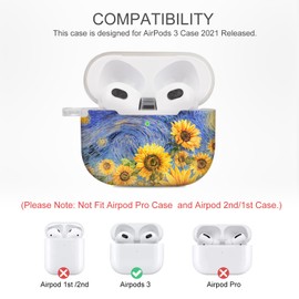 Case for AirPods 3rd Generation, Airpod 3 Case 2021 for Women Girls Protective Hard for Airpod 3rd Generation case with Keychain Compatible with Wireless Charging, Starry Night Sunflowers