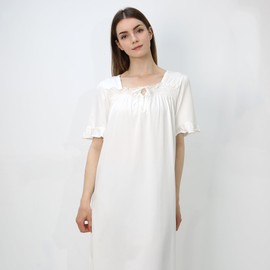 OCCIENTEC Women's Cotton Summer Short Sleeve Vintage Long Nightdress with Lace White, White, S