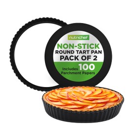 NutriChef 2-Pack Nonstick Round Baking Pans, Heavy Duty Carbon Steel with Removable Bottom, Even Heat Distribution, 9.4” Inch Pans with 100 Pcs Parchment Paper, For Baking Tarts, Quiches, and More