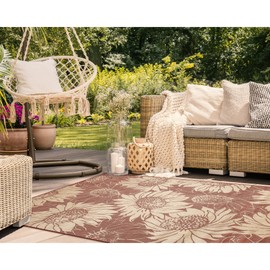 Liora Manne Carmel Indoor/Outdoor Power Loomed Synthetic Blend Low Profile Area Rug - Transitional Botanical Floral Decorative (Sunflower Field Chili) (4'10" x 7'6")