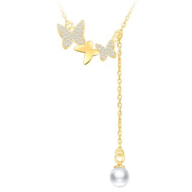 CPSLOVE Elegant Women's Butterfly and Cubic Zirconia Necklace 925 Sterling Silver Chains with Butterfly Beads Pendant Creative Girl Chain, Sterling Silver, Cubic Zirconia Pearl