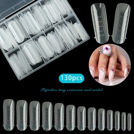 Vnjaoi 130 Pcs Poly Extension Gel Dual Nail Forms Nail Molds With Scale Builder Coffin Nail for Gel Manicure Nail Art Design Salon DIY at Home (Long Round-Head Dual Nail Forms Set)