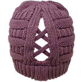 C.C. Criss Cross Ponytail Messy Buns Knit Stretchy Beanie Winter Cap Hat (Solid Violet)