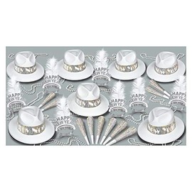 Ziggos Party LA Swing Silver New Years Eve Party Kit for 10 People with 5 Velour Fedoras, 5 Glittered Tiaras, 10 Prismatic Horns, 5 Party Beads