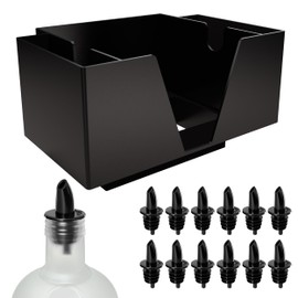Esatto Bar Products Premium Square Bar Caddy (Black), Professional Bar Tool Used to Easily Organize Bar Items and Workspace, Comes With 12 Black Plastic Pourers For Easy and Precise Pouring