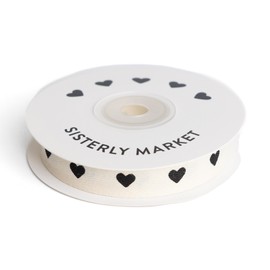 Sisterly Market - Custom Herringbone Cotton Ribbon, Natural 5/8 Inch Gift Ribbon with Black Heart Print, 10 Yards