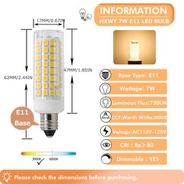 HXWY [Pack of 8] E11 LED Bulb 7W E11 Mini Candelabra Base, 730LM 120V Equivalent to E11 75W Halogen Bulb T3/T4 JD E11 Indoor Lighting Bulb for Ceiling Fan Chandelier Lighting Warm White 3000K