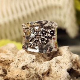 Flowers Wide Bands Ring for Women Girls,Retro Vintage Blooming Wild Floral Thumb Ring,Index Finger Ring,Flowers Boho Ring Jewelry present (Silver, Size 8)