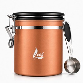 Leaf Airtight Stainless Steel Coffee Canister 1500 ml - with CO₂ Valve for Longer Freshness & Less Aroma Loss - Coffee Jar with Date Display & Measuring Spoon - Copper Design