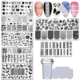LoveOurHome Nail Stamping Kit 7pc Flower Butterfly Geometric Nails Stamping Plate Stencil with Silicone Stamper Scraper Stamp tools for Women Girls Kids