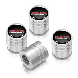 iPick Image for GMC Denali in Black on Shining Silver Aluminum Cylinder-Style Tire Valve Stem Caps