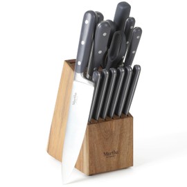 MARTHA STEWART Eastwalk 14 Piece High Carbon Stainless Steel Cutlery Knife Block Set w/ABS Triple Riveted Forged Handle Acacia Wood Block - Gray