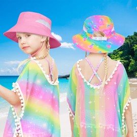 2pcs Kids Sun Hat for Girls Toddler Kids Bucket UV Protection Wide Brim Unicorn Beach Fishing Hat for Girls