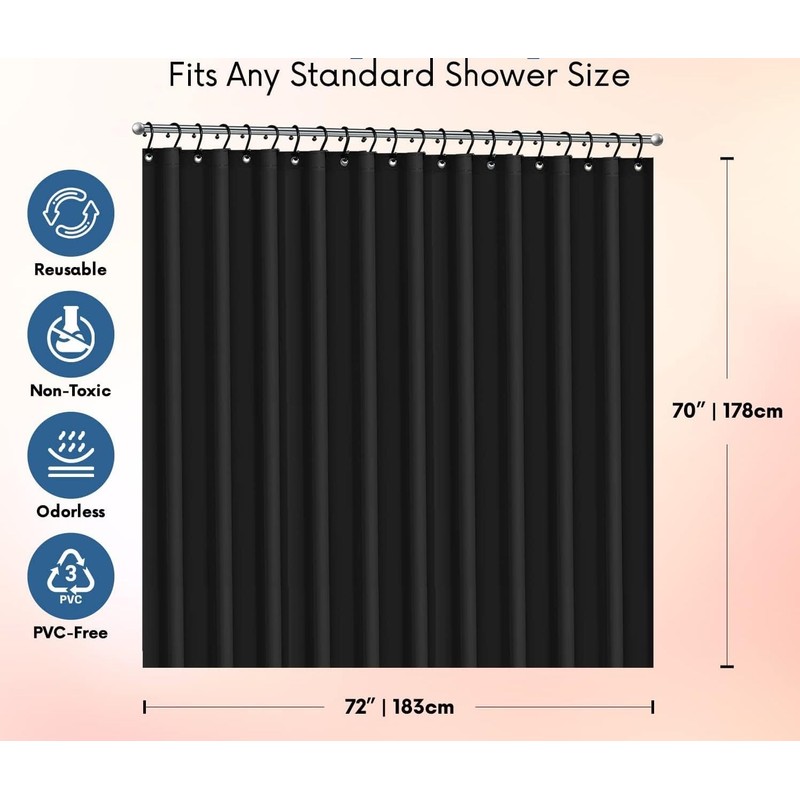 Bath Elements Heavy Duty Magnetized Shower Curtain Liner(Black)