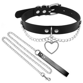 Love Heart Collar Soft PU Choker Necklace Set with Chains for Cat Pet Cosplay Novelty Jewelry Gift Adjustable 11-16 inches (Black)