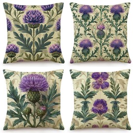 BCKAKQA Decorative Throw Pillow Cases 4 Pack Purple Floral Cushion Covers 45cm x 45cm Linen Square Boho Throw Pillow Covers 18x18 inches Decor for Living Room Bedroom Sofa Couch Bed