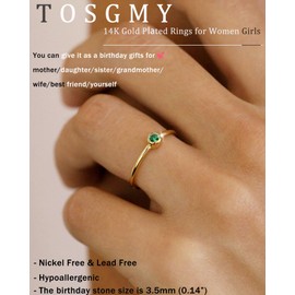 TOSGMY Birthstone Rings for Women Non Tarnish 14K Gold Plated Sterling Silver Stackable Birthday Gifts for Mom Dainty Emerald Green Blue CZ Gemstone Ring for Mothers Daughter Bridesmaid Gifts Jewelry