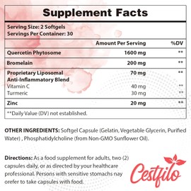 Quercetina Liposomal 1600mg + Bromelaina & Vitamina C | Alta Absorción 20X | 60 Cápsulas Blandas | Antiinflamatorio Natural y Antioxidante | Soporte Inmunológico | Cestfilo